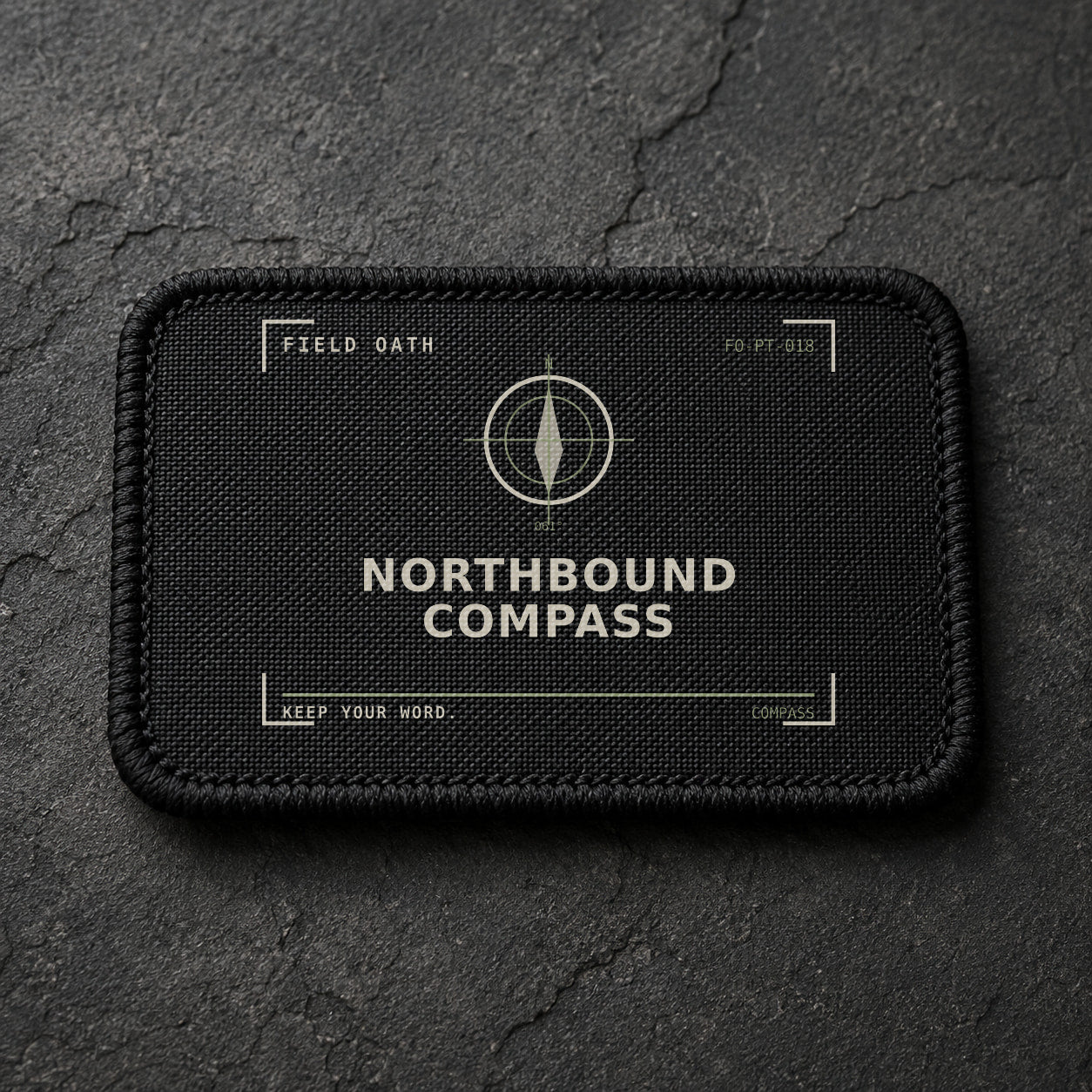 FIELD OATH Northbound Compass Patch rectangular black embroidered patch with original FIELD OATH artwork