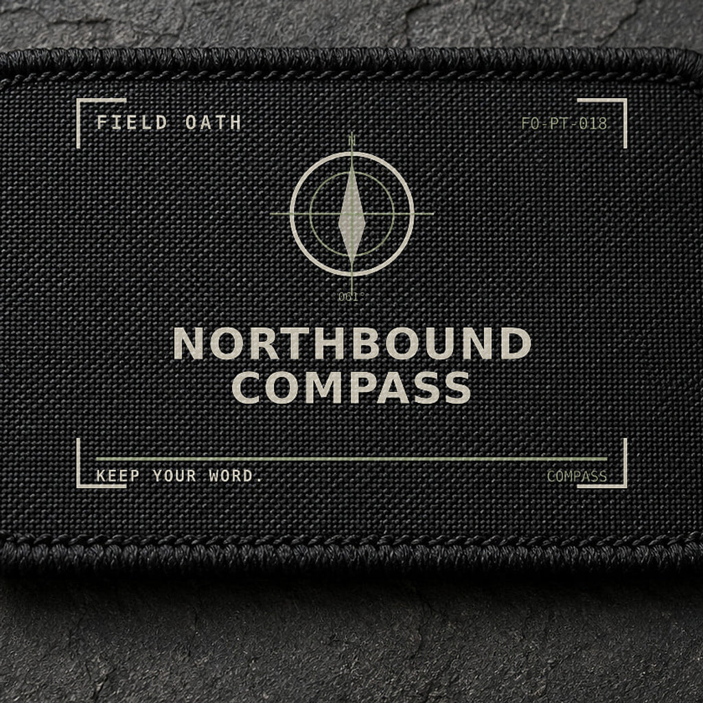 FIELD OATH Northbound Compass Patch close-up showing woven face, stitched border and embroidery detail
