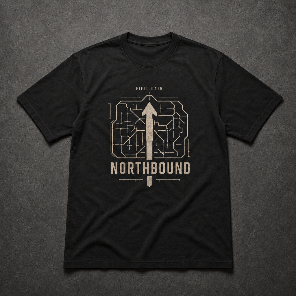 Black FIELD OATH Northbound T-Shirt front flat lay with bearing arrow and tactical route grid