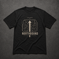 Black FIELD OATH Northbound T-Shirt front flat lay with bearing arrow and tactical route grid