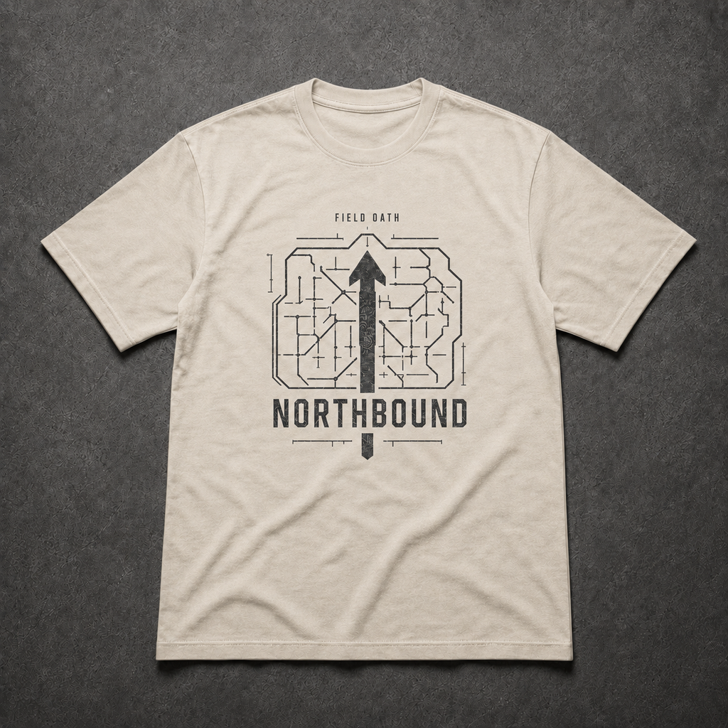 Bone FIELD OATH Northbound T-Shirt front flat lay with matching northbound route artwork