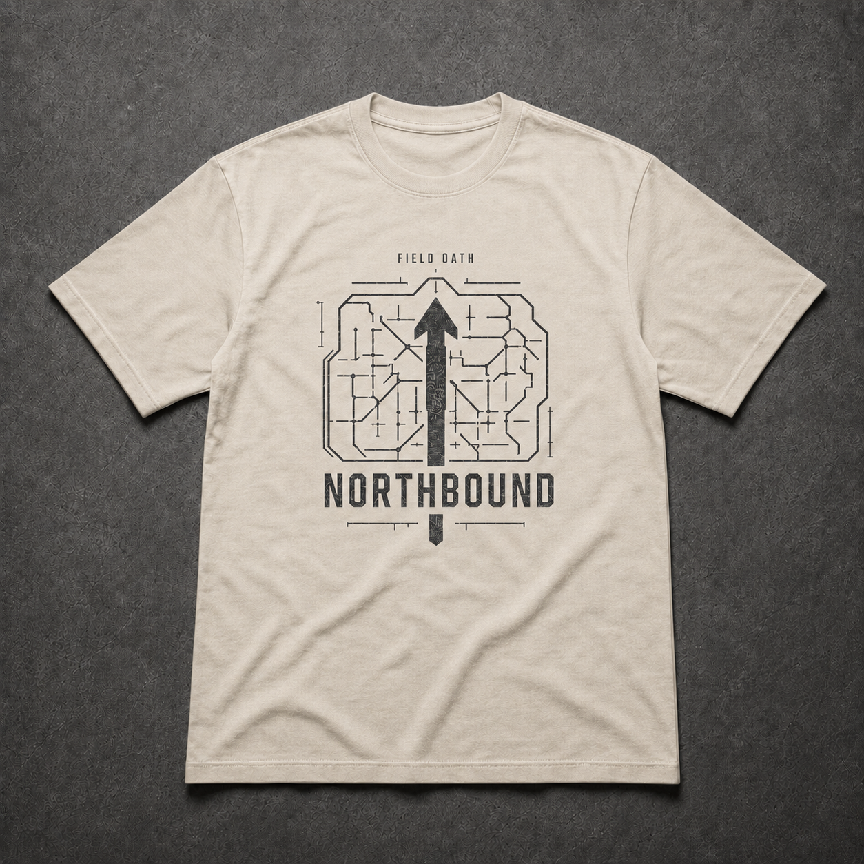 Bone FIELD OATH Northbound T-Shirt front flat lay with matching northbound route artwork