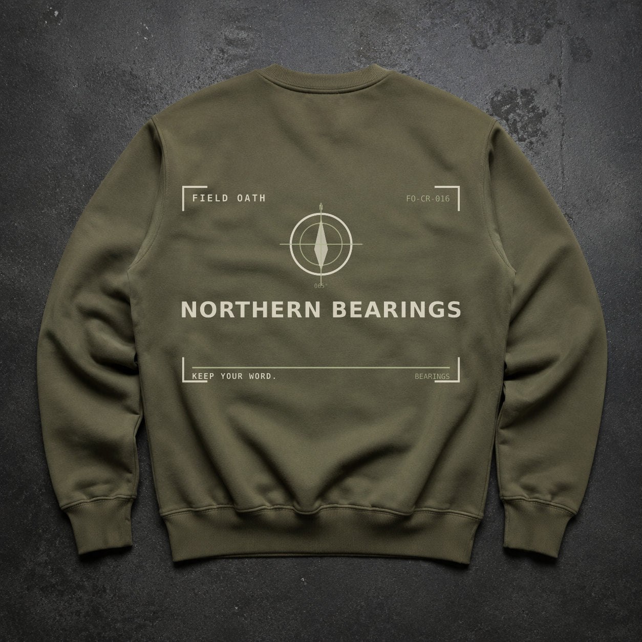 FIELD OATH Northern Bearings Crewneck field olive crewneck large back artwork on dark concrete