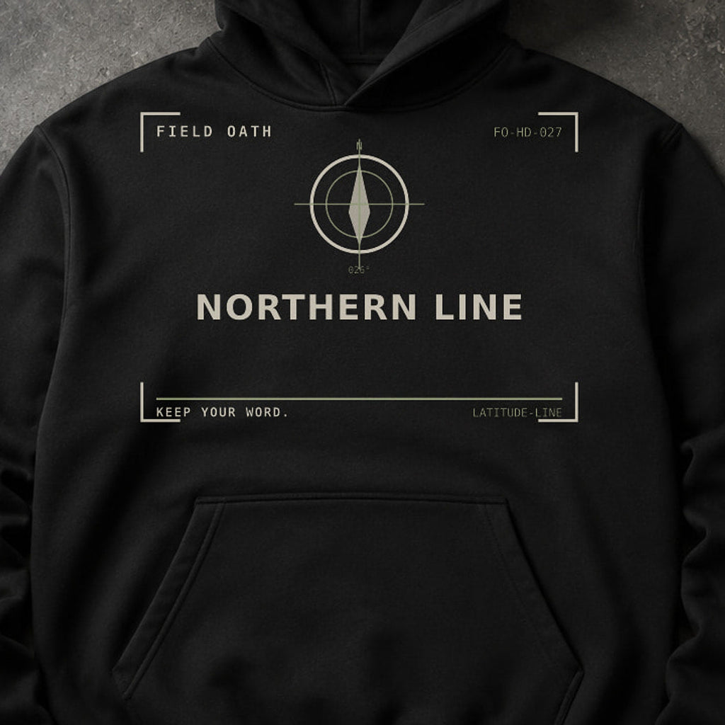 FIELD OATH Northern Line Hoodie close-up of original tactical artwork and fabric texture