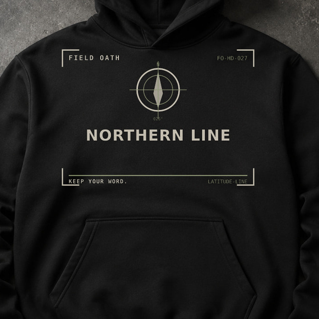 FIELD OATH Northern Line Hoodie close-up of original tactical artwork and fabric texture