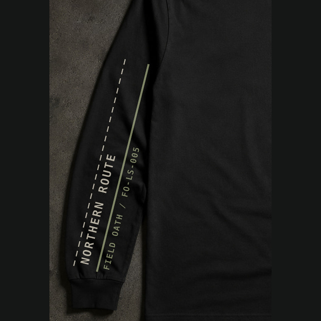 FIELD OATH Northern Route Long Sleeve close-up of original tactical artwork and fabric texture