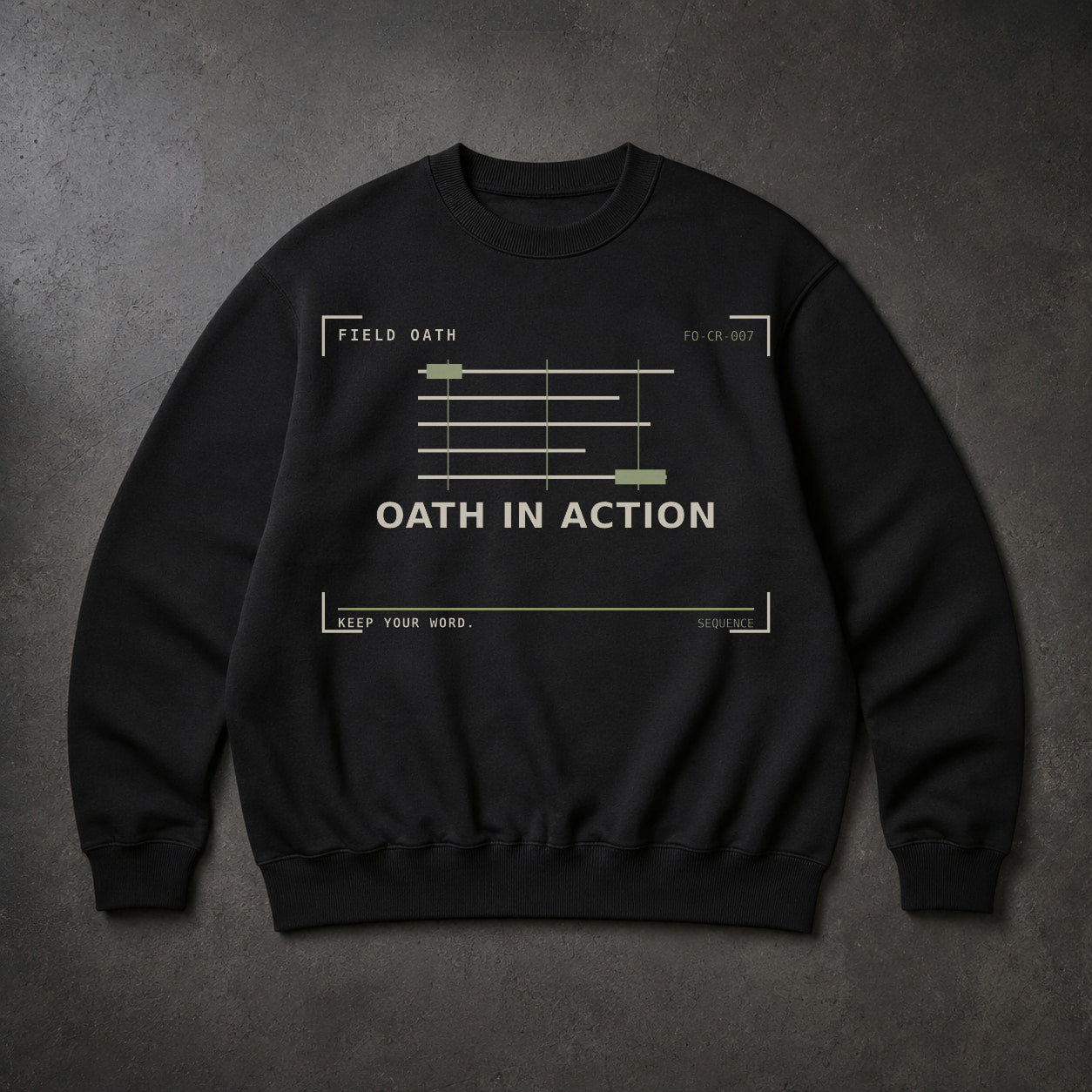 FIELD OATH Oath in Action Crewneck black crewneck front artwork on dark concrete
