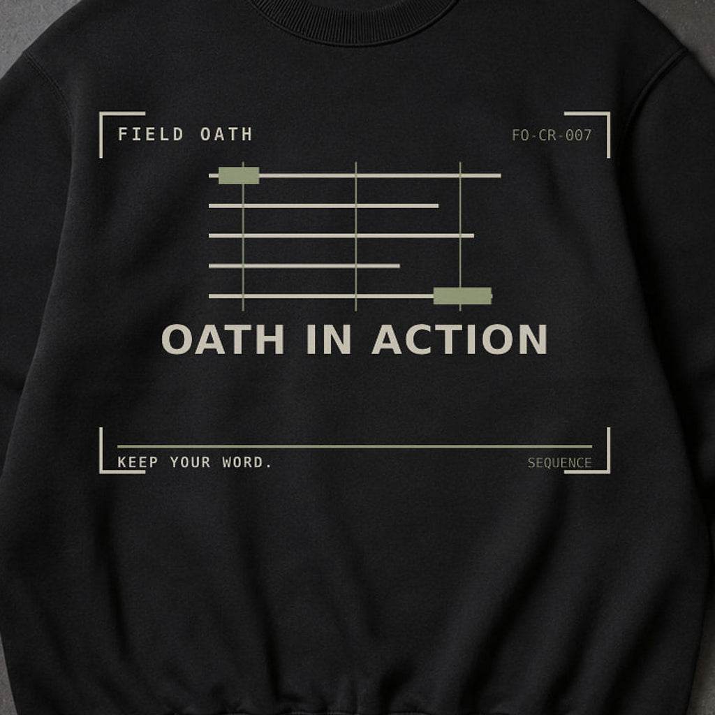 FIELD OATH Oath in Action Crewneck close-up of original tactical artwork and fabric texture