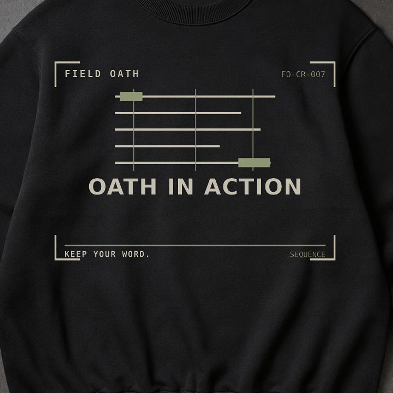 FIELD OATH Oath in Action Crewneck close-up of original tactical artwork and fabric texture