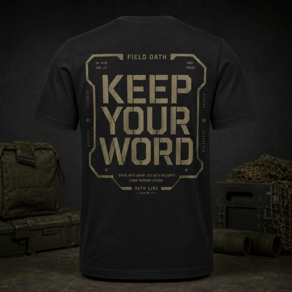 FIELD OATH Oath Line T-Shirt back view in black with KEEP YOUR WORD tactical artwork