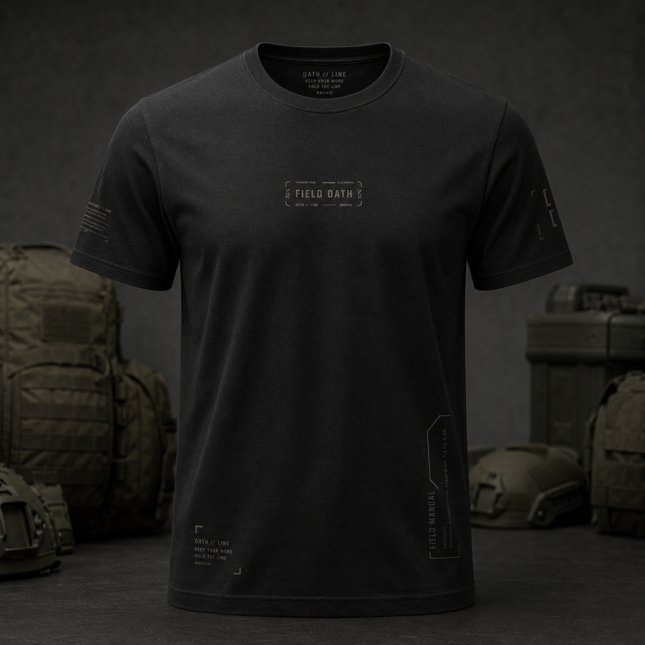 FIELD OATH Oath Line T-Shirt front view in black with FIELD OATH chest identifier