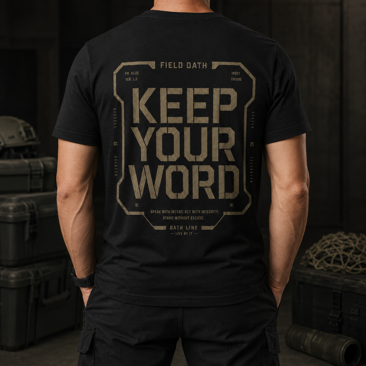 Black FIELD OATH Oath Line T-Shirt worn with tactical trousers without a visible face