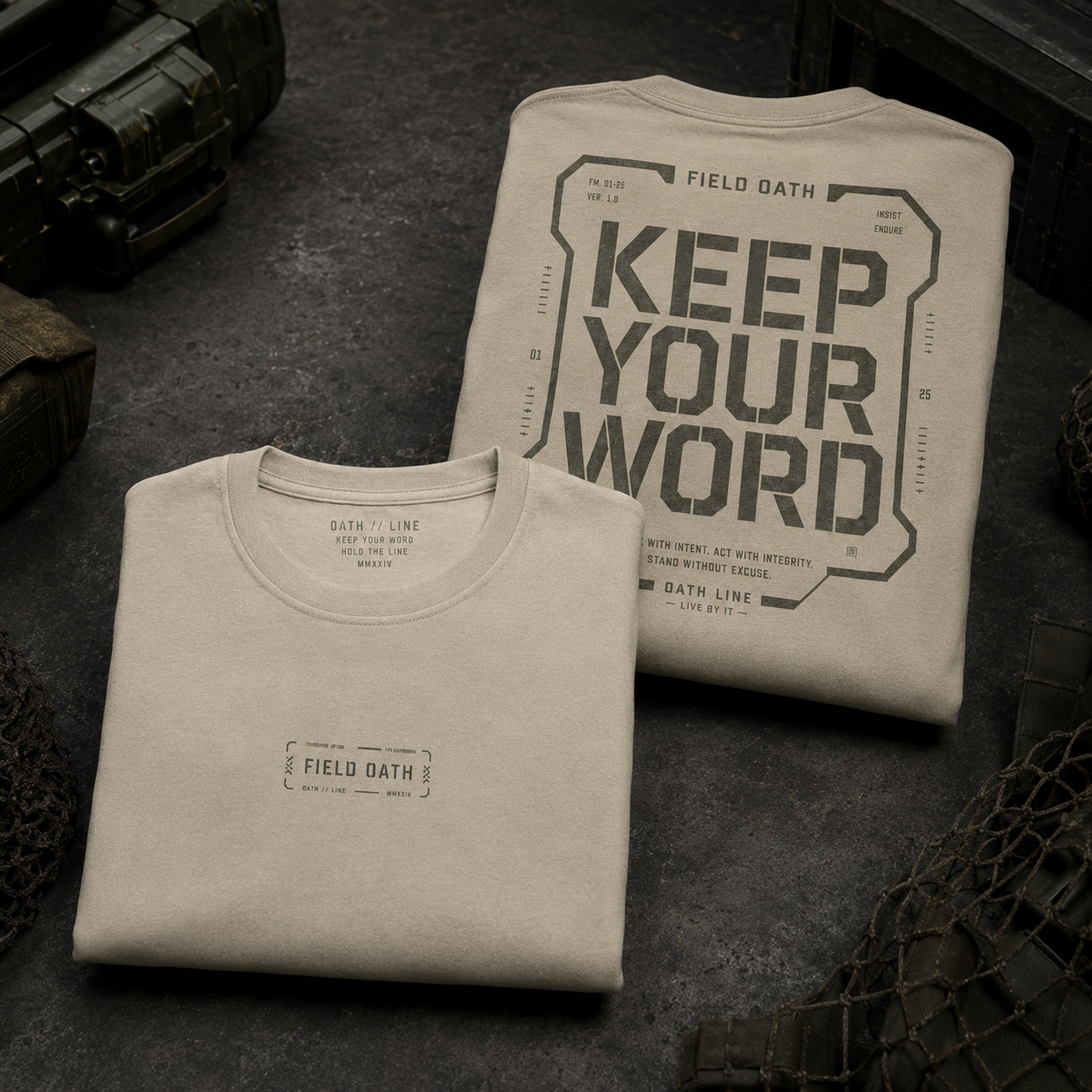 Bone FIELD OATH Oath Line T-Shirt folded on a dark concrete equipment table