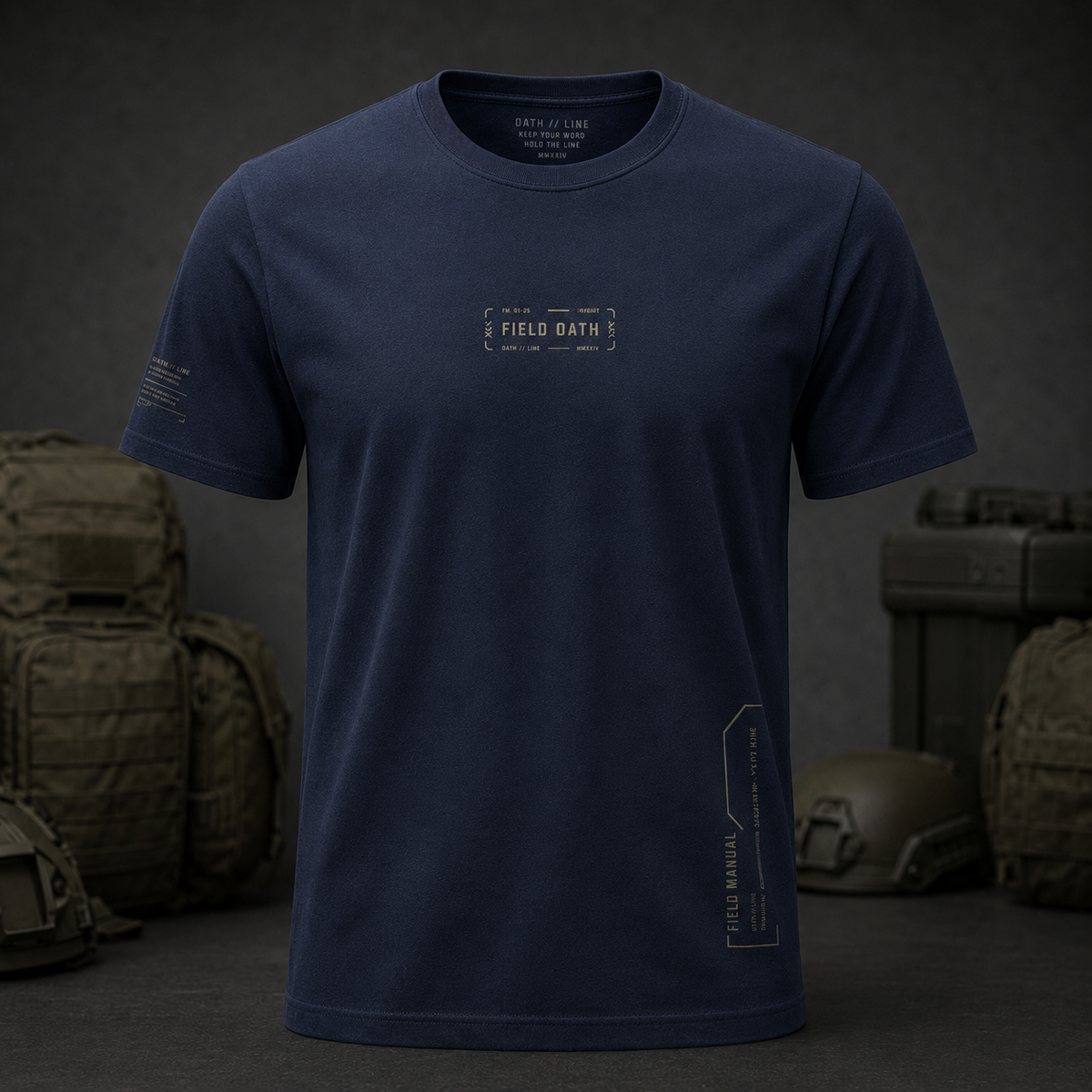 Navy FIELD OATH Oath Line T-Shirt collar, sleeve and 160 gsm cotton detail