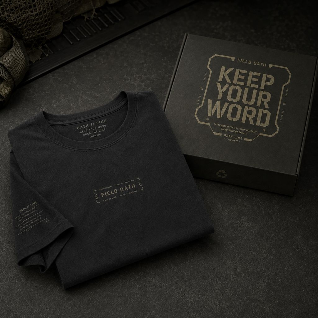 FIELD OATH Oath Line T-Shirt folded beside FIELD OATH tactical packaging