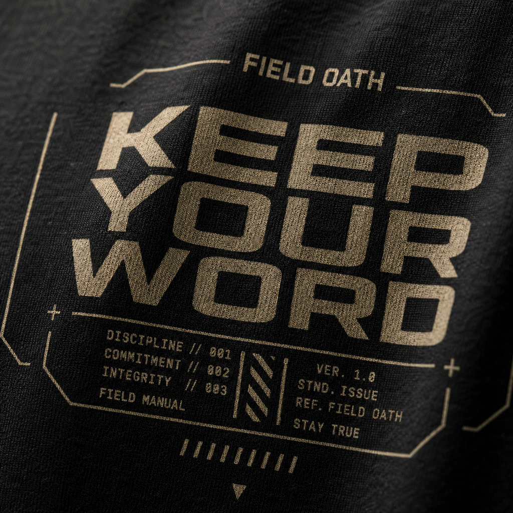 Close-up of FIELD OATH Oath Line T-Shirt military line art and technical typography