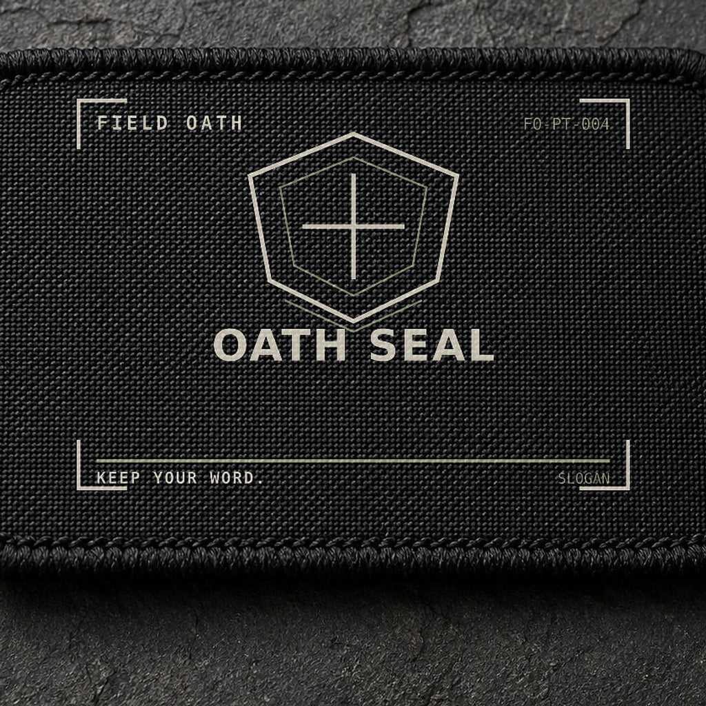 FIELD OATH Oath Seal Patch close-up showing woven face, stitched border and embroidery detail