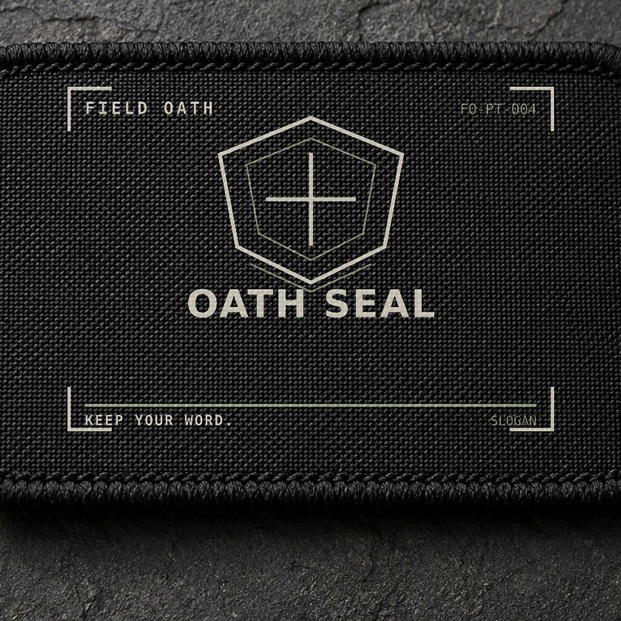 FIELD OATH Oath Seal Patch close-up showing woven face, stitched border and embroidery detail