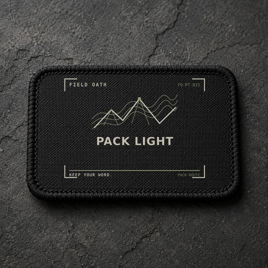 FIELD OATH Pack Light Patch rectangular black embroidered patch with original FIELD OATH artwork
