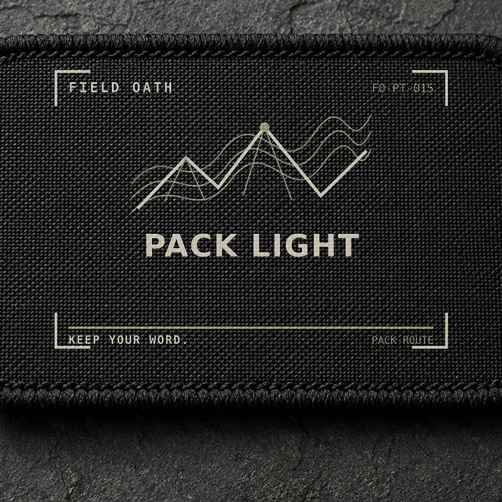 FIELD OATH Pack Light Patch close-up showing woven face, stitched border and embroidery detail