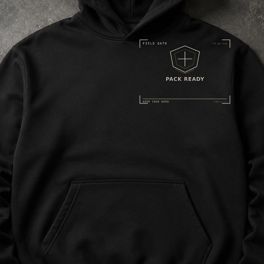 FIELD OATH Pack Ready Hoodie close-up of original tactical artwork and fabric texture