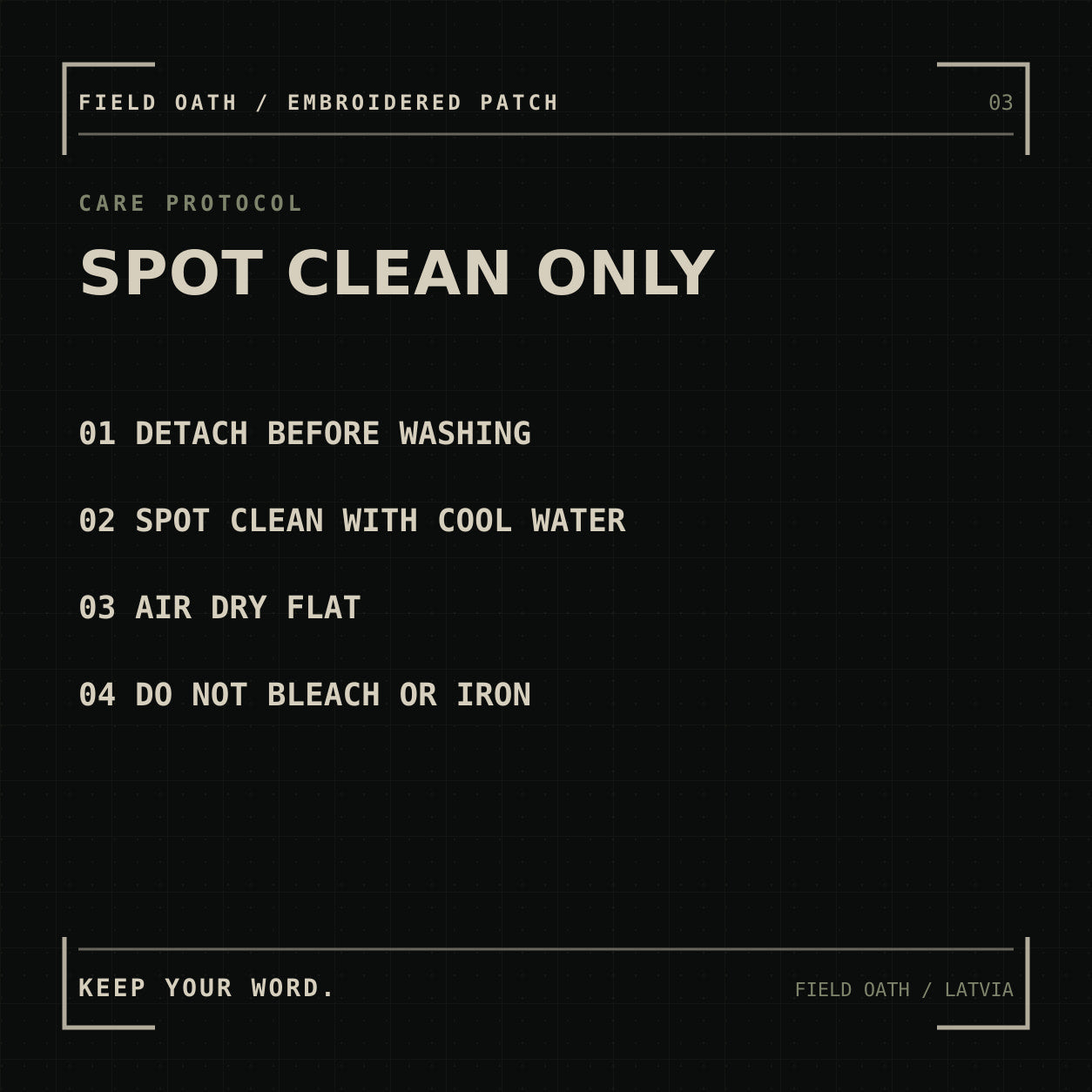 FIELD OATH Grid Reference Patch: embroidered patch spot cleaning and care instructions