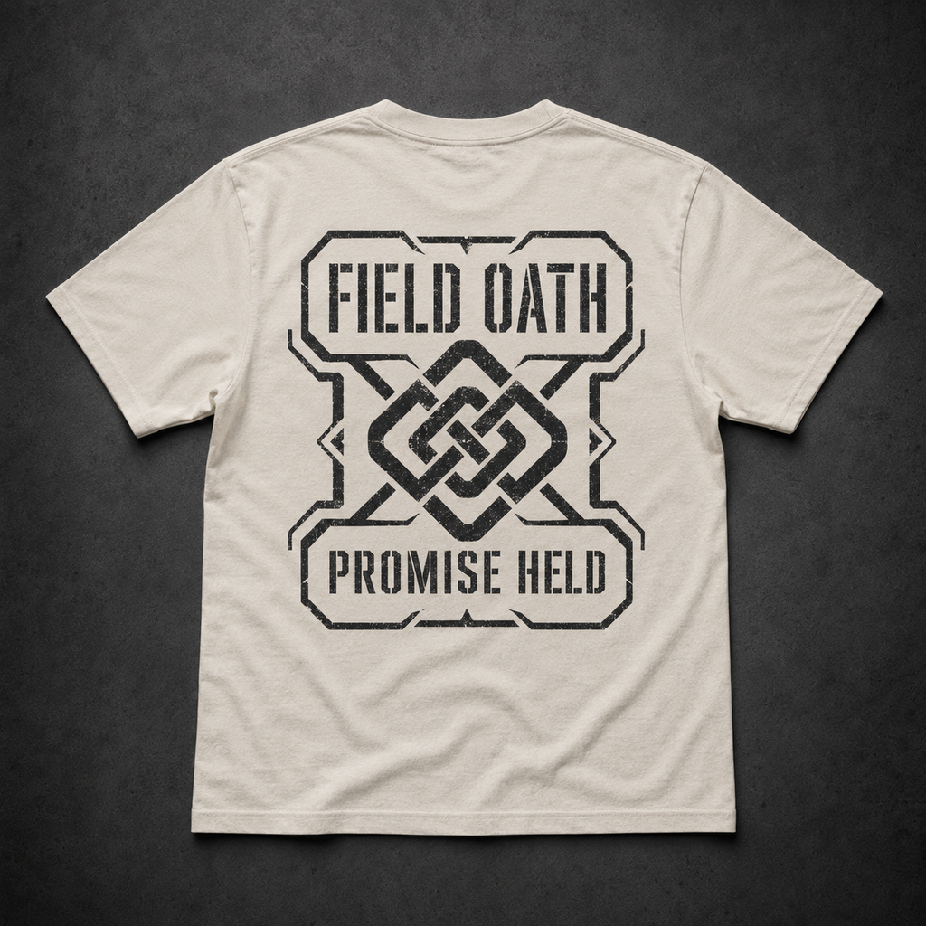 Bone FIELD OATH Promise Held T-Shirt back flat lay with large oath-knot tactical graphic