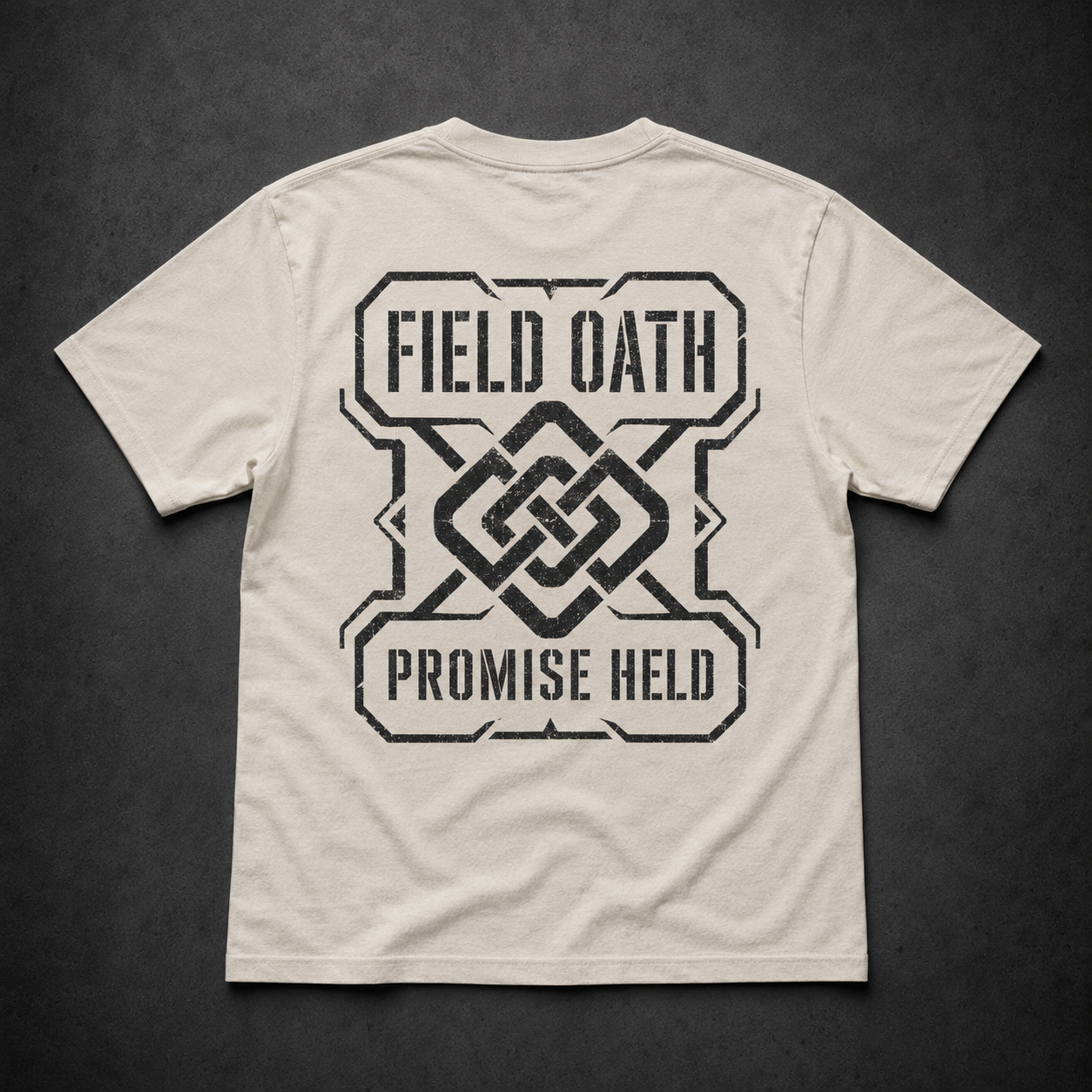 Bone FIELD OATH Promise Held T-Shirt back flat lay with large oath-knot tactical graphic