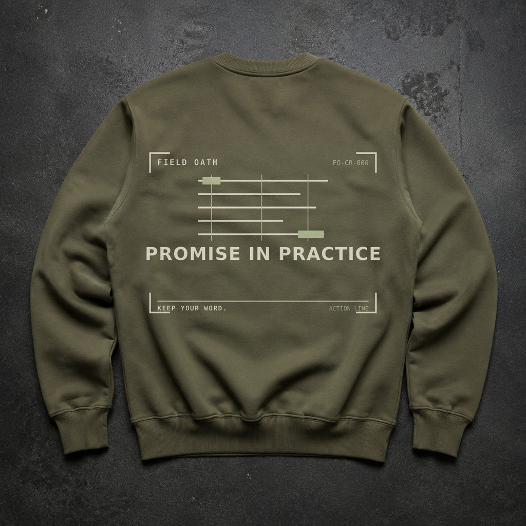 FIELD OATH Promise in Practice Crewneck field olive crewneck large back artwork on dark concrete