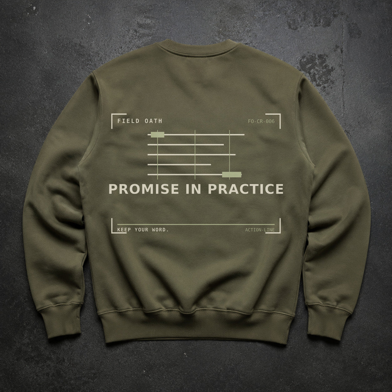 FIELD OATH Promise in Practice Crewneck field olive crewneck large back artwork on dark concrete
