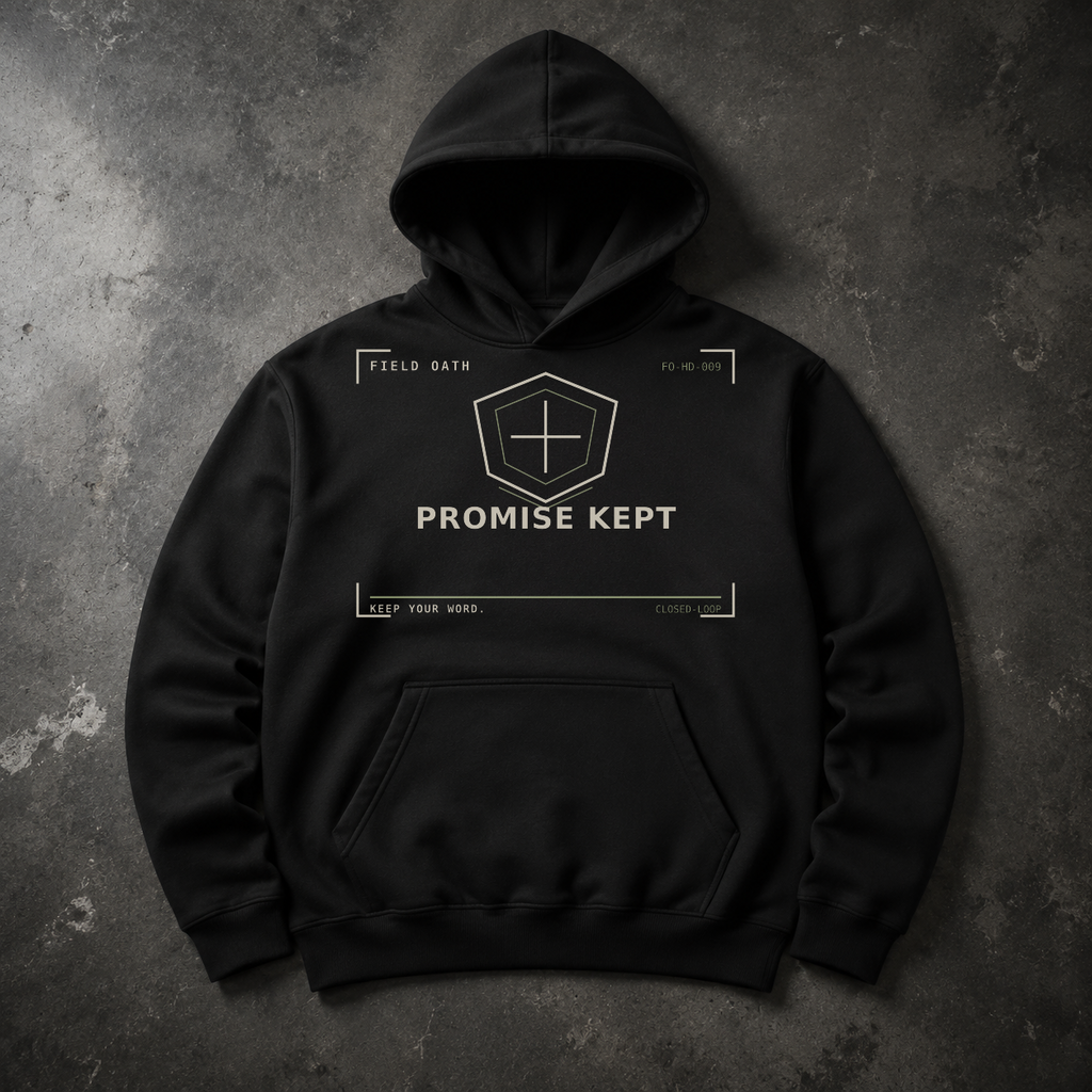 FIELD OATH Promise Kept Hoodie black hoodie front artwork on dark concrete