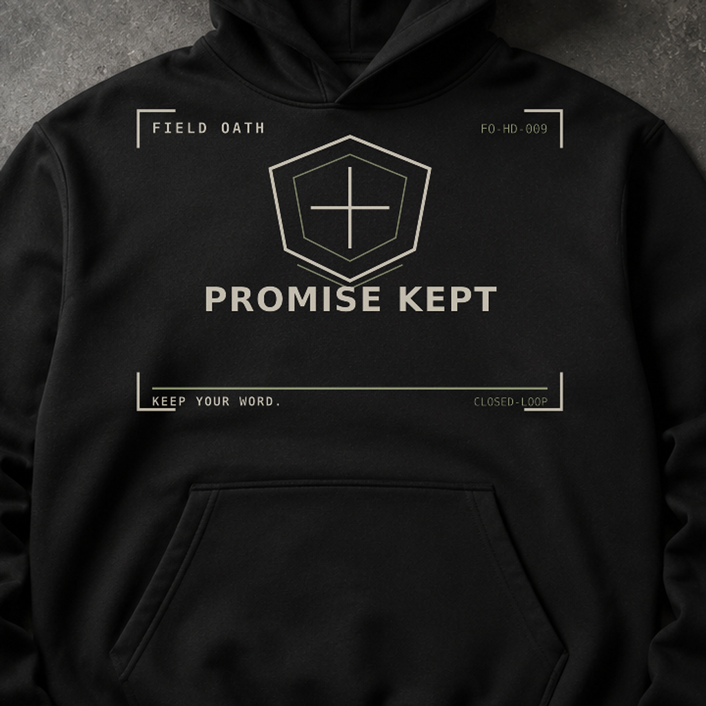 FIELD OATH Promise Kept Hoodie close-up of original tactical artwork and fabric texture