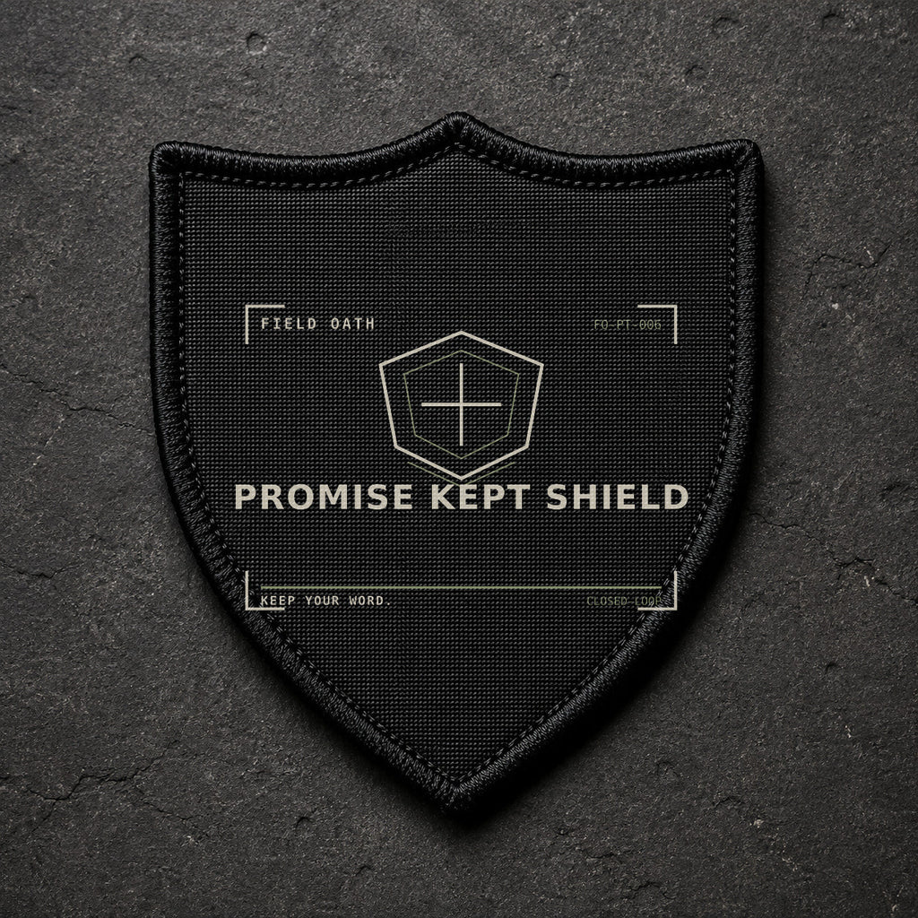 FIELD OATH Promise Kept Shield Patch shield black embroidered patch with original FIELD OATH artwork