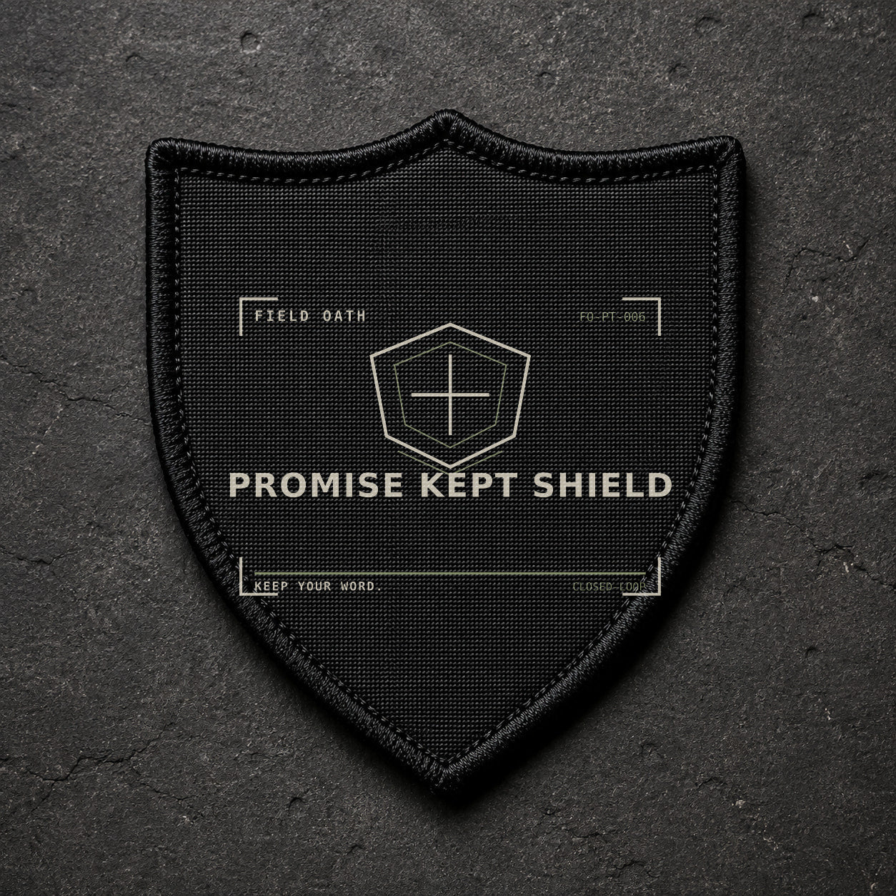 FIELD OATH Promise Kept Shield Patch shield black embroidered patch with original FIELD OATH artwork