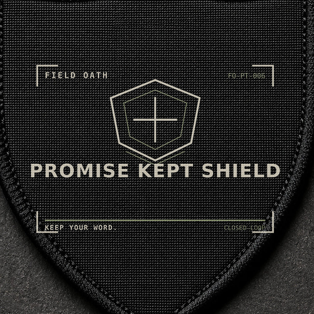 FIELD OATH Promise Kept Shield Patch close-up showing woven face, stitched border and embroidery detail