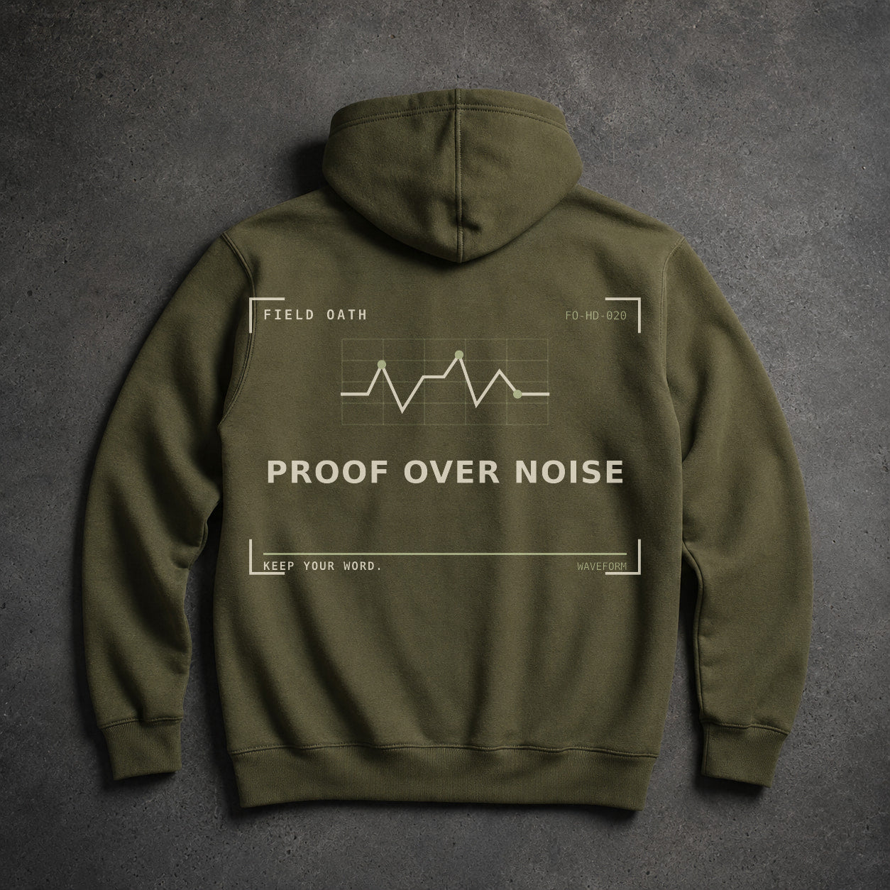 FIELD OATH Proof Over Noise Hoodie field olive hoodie large back artwork on dark concrete