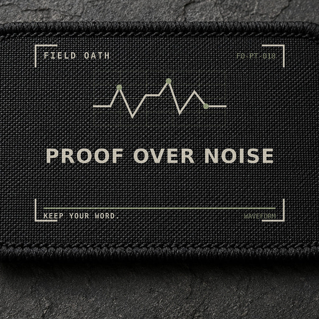 FIELD OATH Proof Over Noise Patch close-up showing woven face, stitched border and embroidery detail
