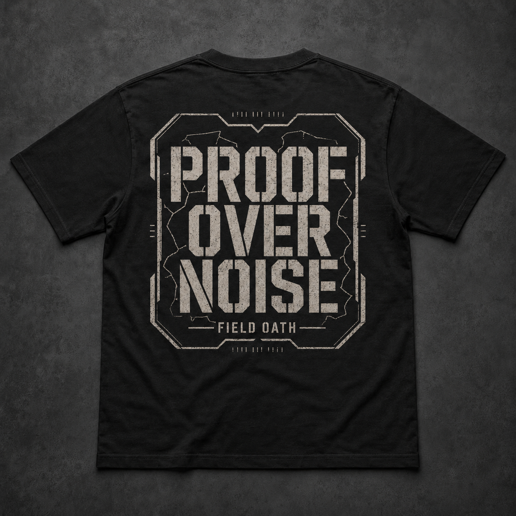 FIELD OATH Proof Over Noise T-Shirt black back with large distressed tactical print