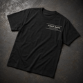 Black FIELD OATH Radio Silence T-Shirt front flat lay with compact chest identifier