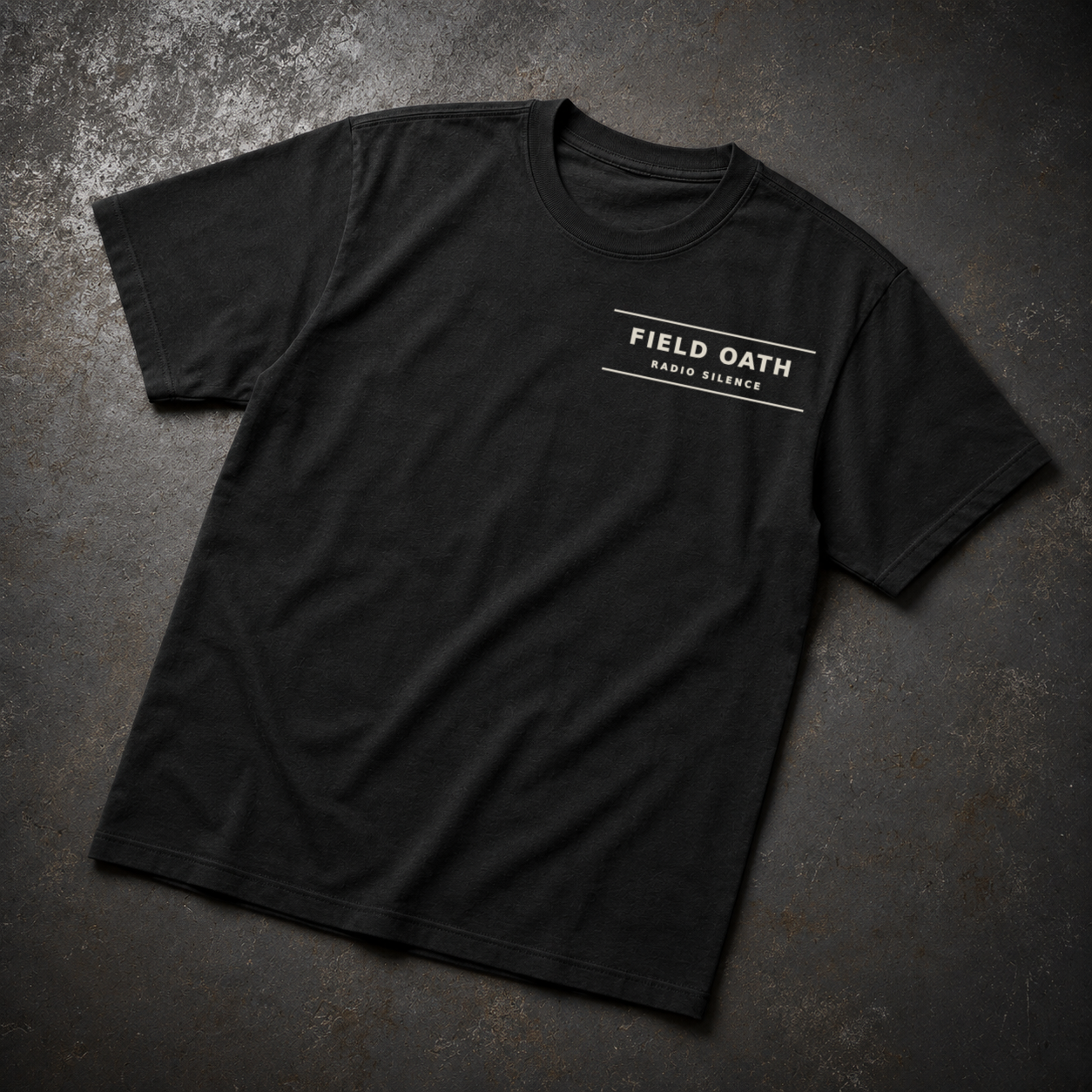 Black FIELD OATH Radio Silence T-Shirt front flat lay with compact chest identifier