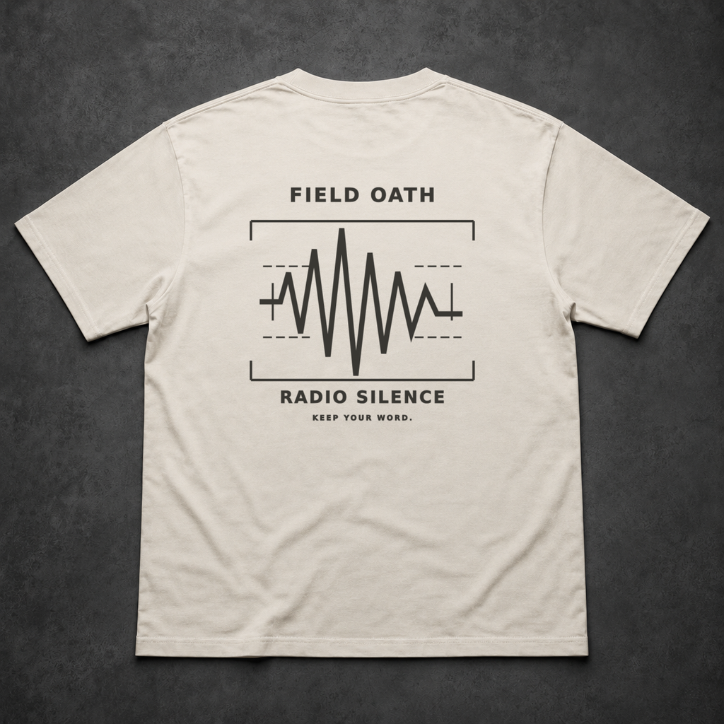 Bone FIELD OATH Radio Silence T-Shirt back flat lay with encrypted waveform graphic