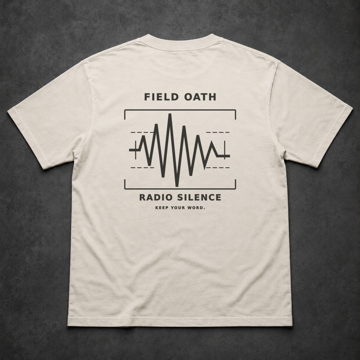 Bone FIELD OATH Radio Silence T-Shirt back flat lay with encrypted waveform graphic
