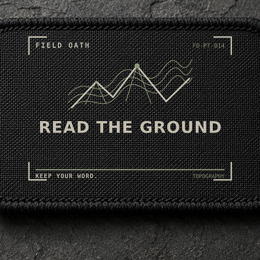 FIELD OATH Read the Ground Patch close-up showing woven face, stitched border and embroidery detail