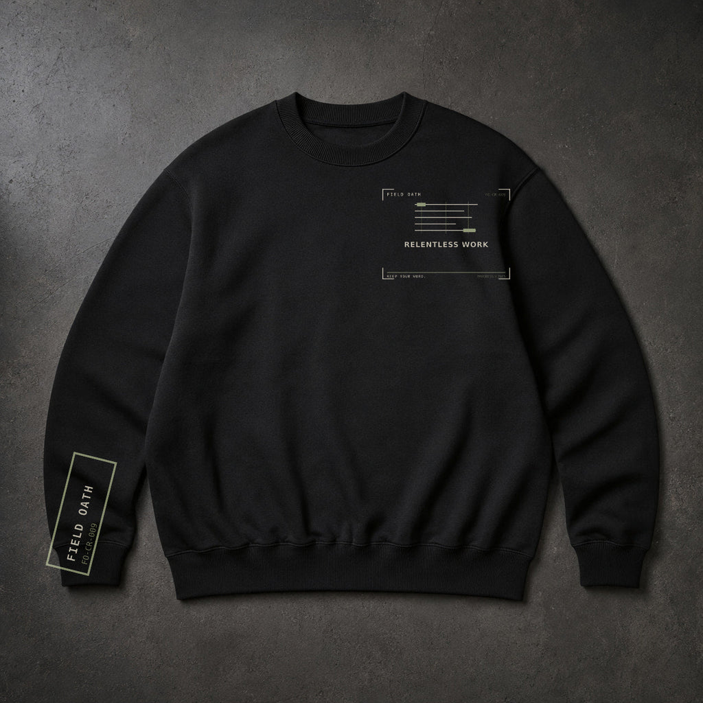 FIELD OATH Relentless Work Crewneck black crewneck front artwork on dark concrete