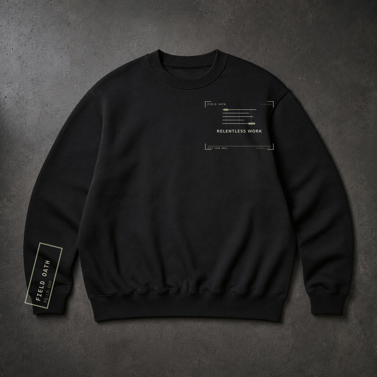 FIELD OATH Relentless Work Crewneck black crewneck front artwork on dark concrete