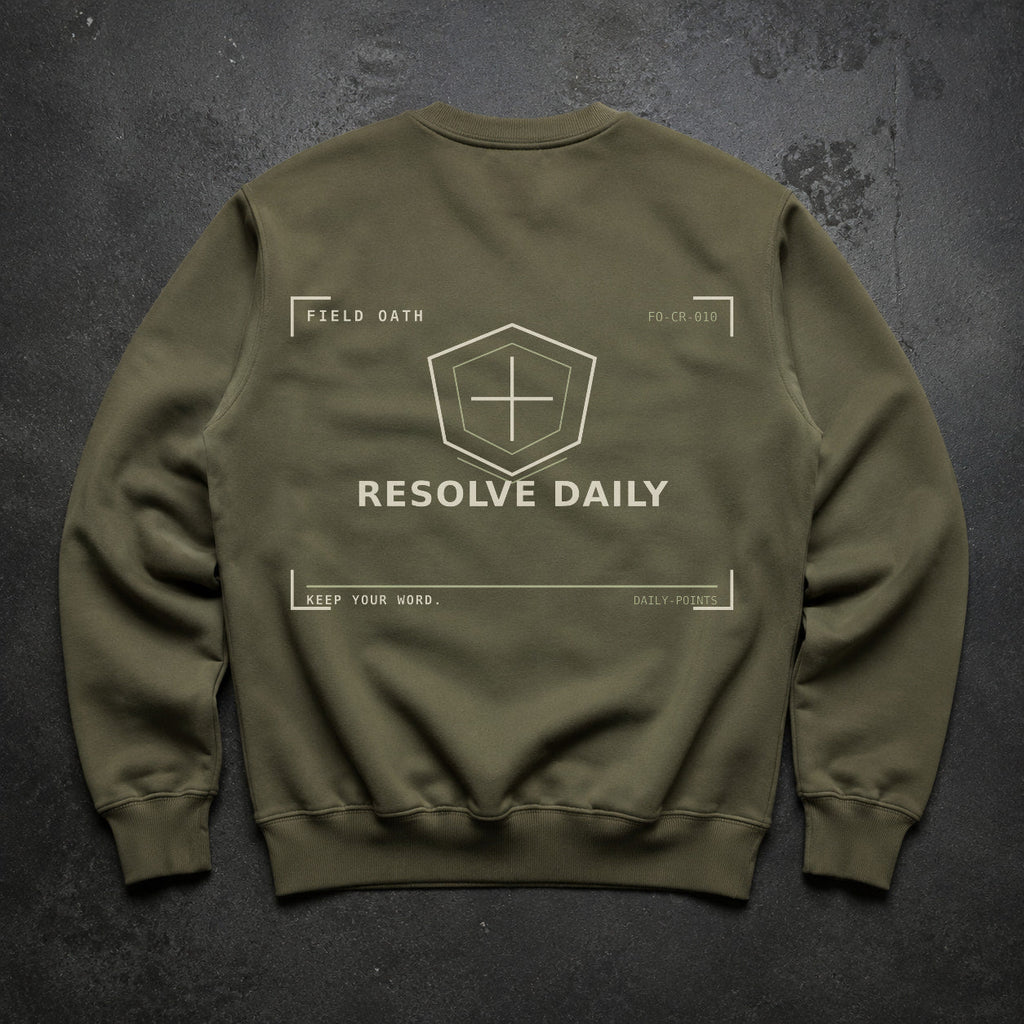 FIELD OATH Resolve Daily Crewneck field olive crewneck large back artwork on dark concrete