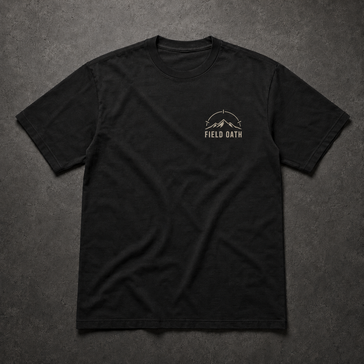 Black FIELD OATH Ridge Before Dawn T-Shirt front flat lay with compact ridge and watch-arc chest identifier