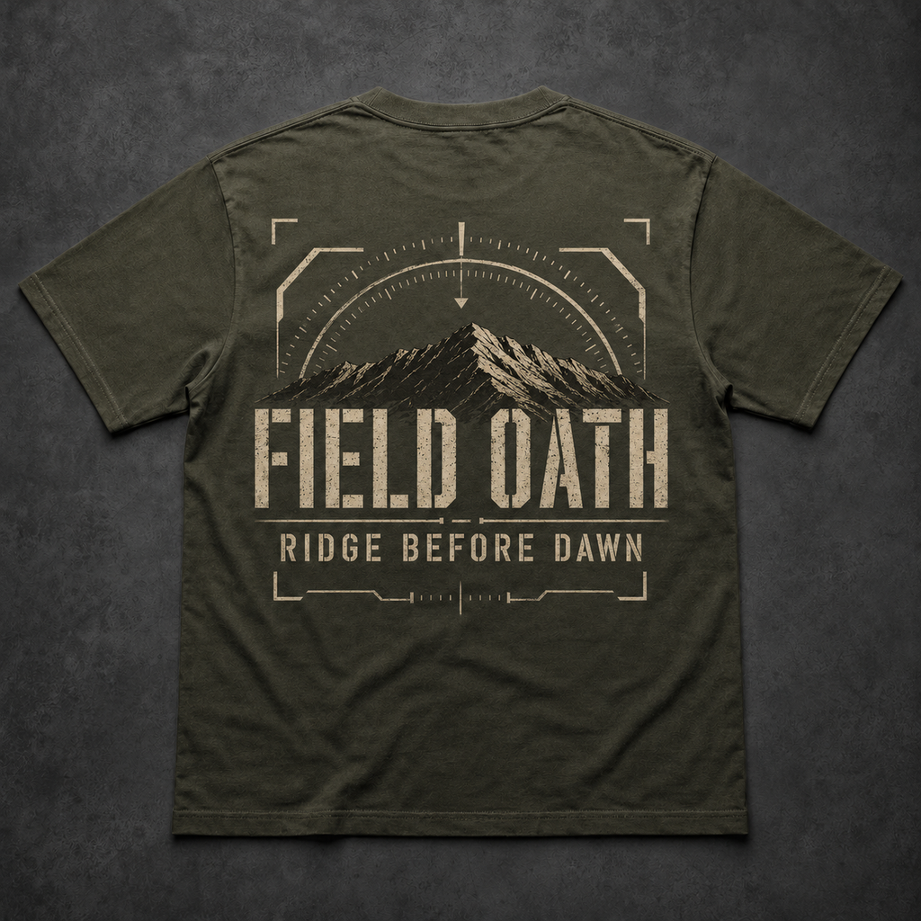 Field olive FIELD OATH Ridge Before Dawn T-Shirt back flat lay with ridge silhouette and first-light watch arc
