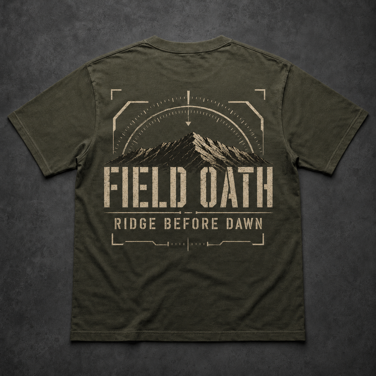 Field olive FIELD OATH Ridge Before Dawn T-Shirt back flat lay with ridge silhouette and first-light watch arc