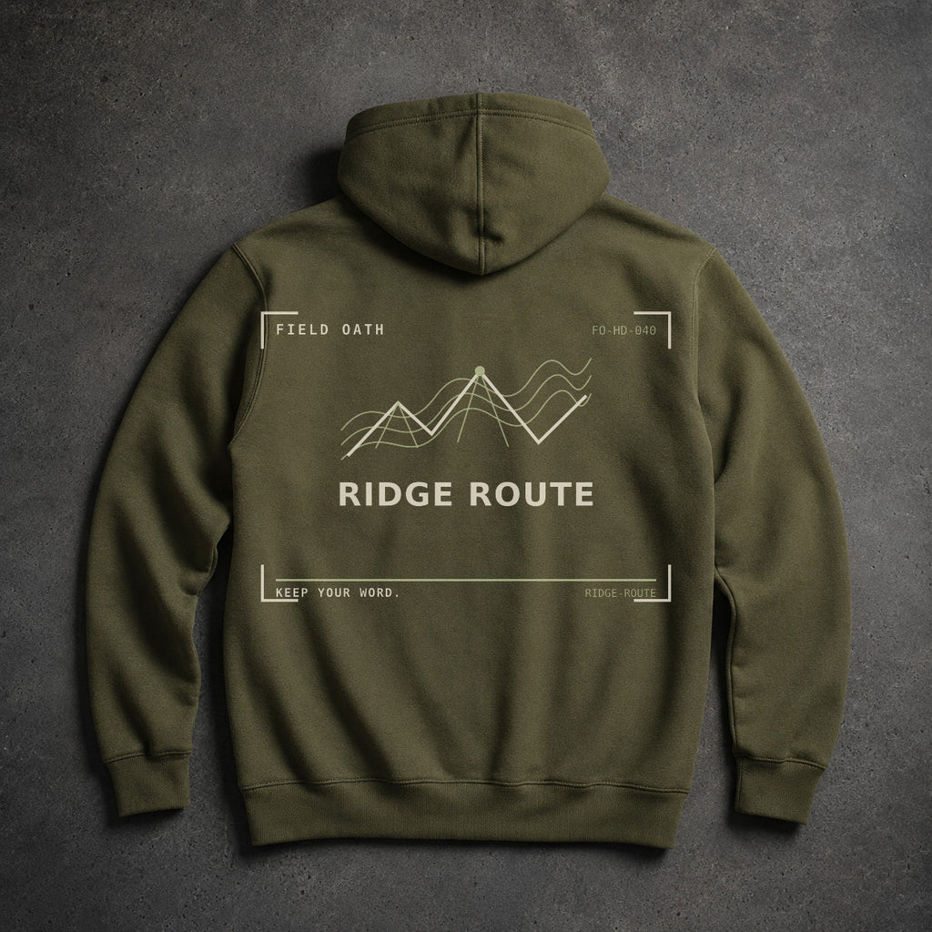 FIELD OATH Ridge Route Hoodie field olive hoodie large back artwork on dark concrete